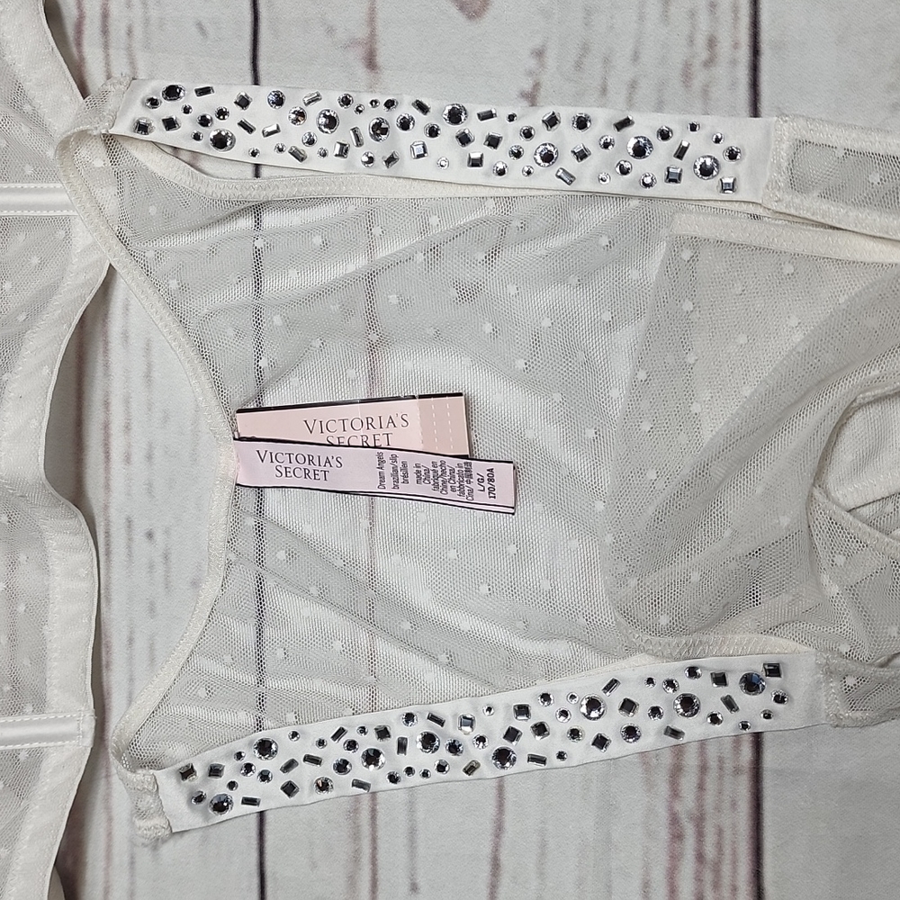 SET VICTORIA Secret White Sheer Bling Bow Lace Dots Dream Angels Corset 36 DD - Picture 10 of 14